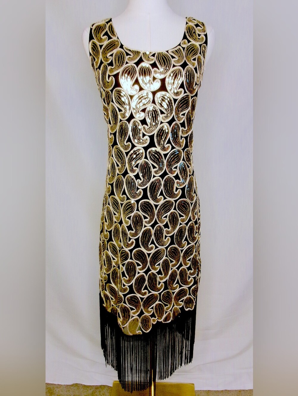 Black Gold Sequin Paisley Fringe Gatsby Party Dress XXL